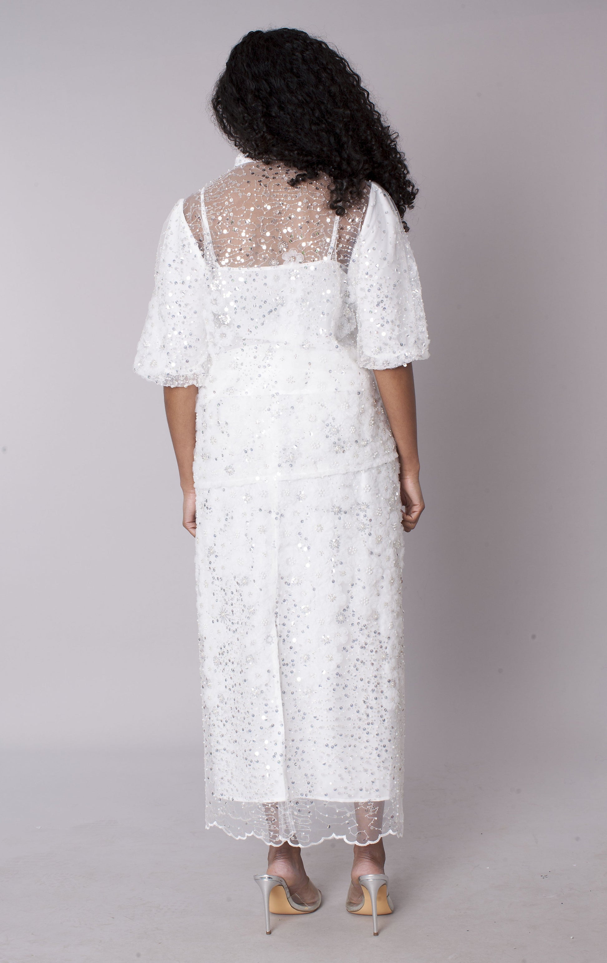 White embroidered sequin organza skirt set, back view showing sheer embroidered overlay, For Her NYC