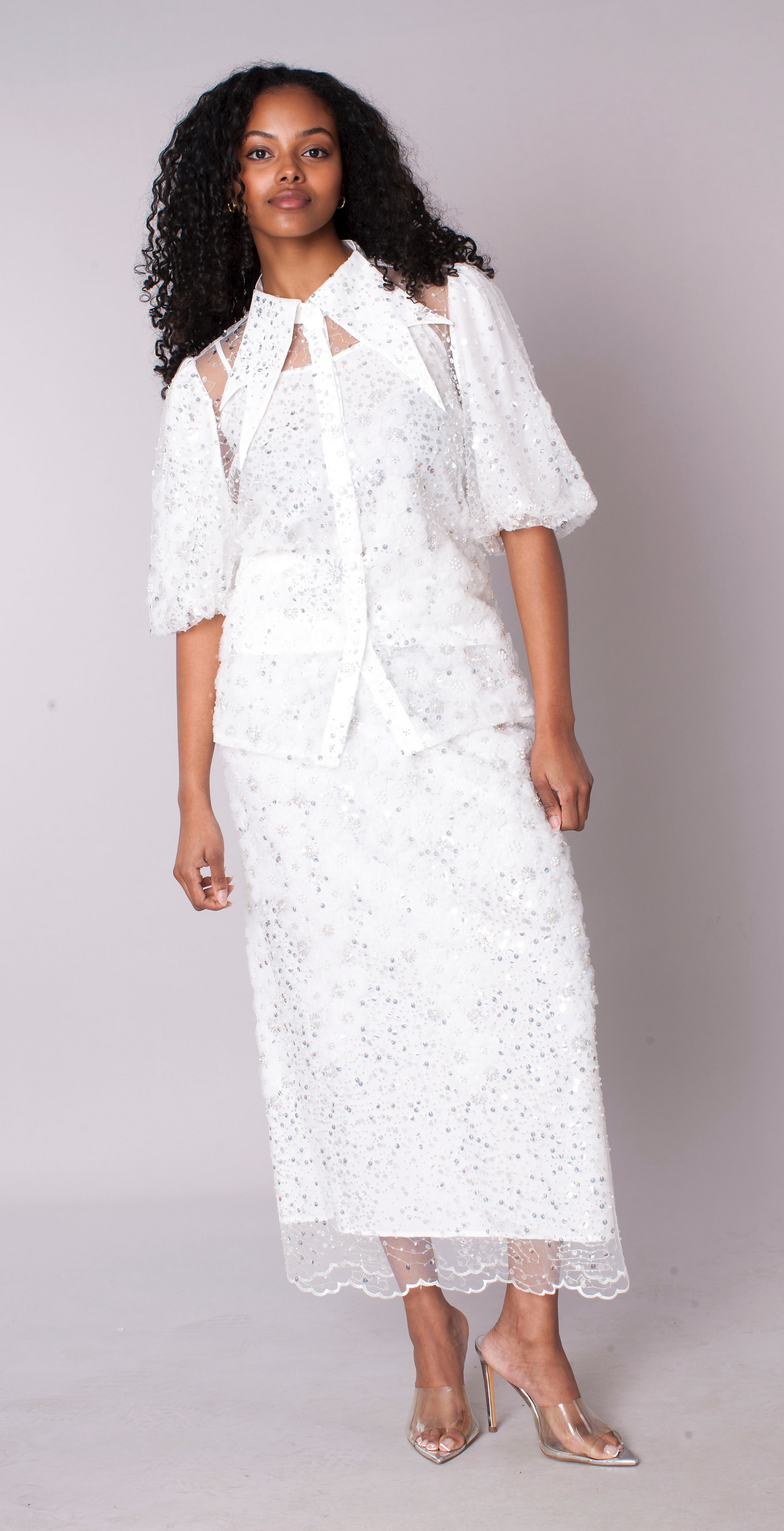 White embroidered sequin organza skirt set with floral embroidery, model standing front in studio, For Her NYC