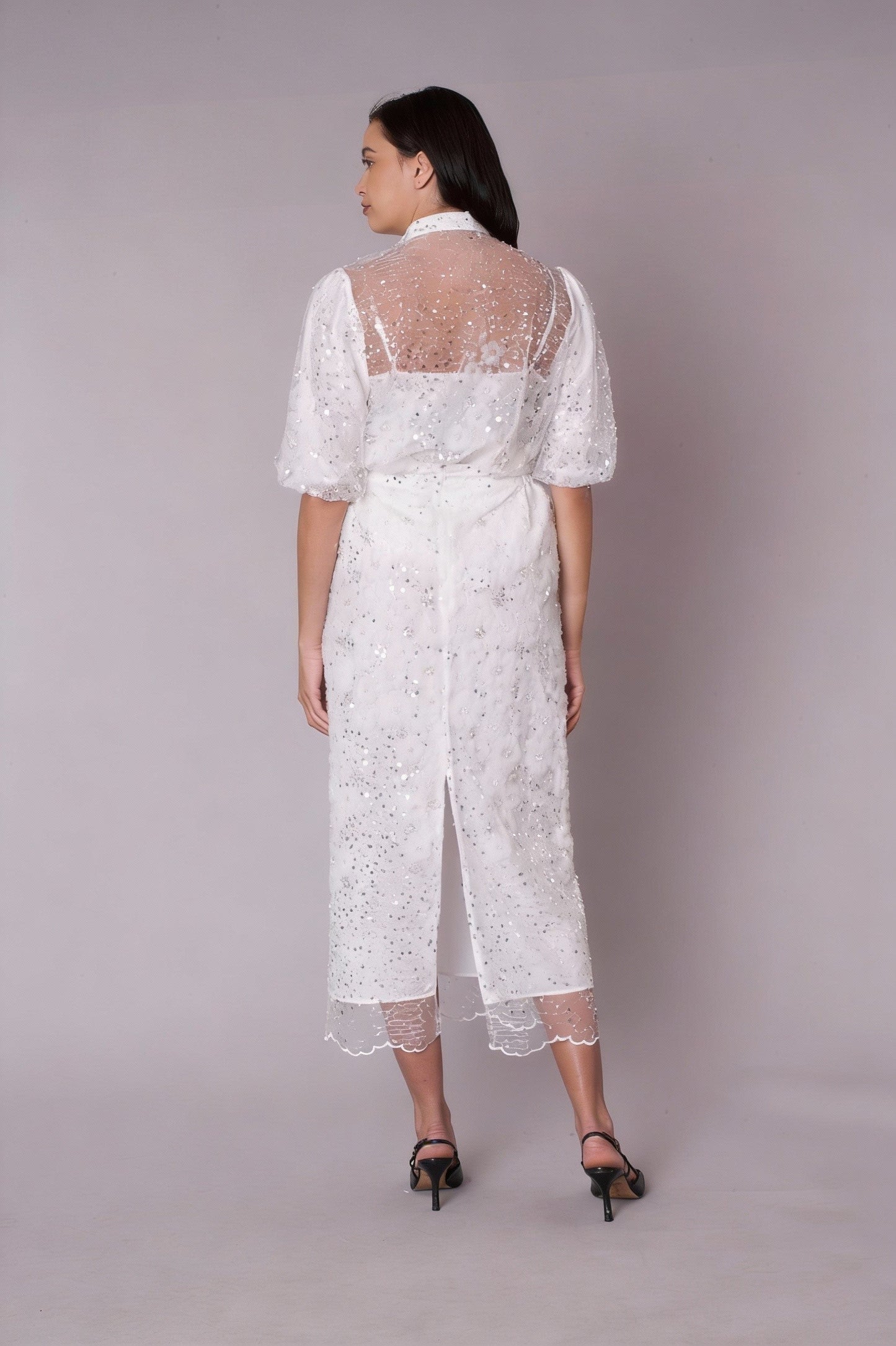 White embroidered sequin organza skirt set with short sleeve top and midi skirt, model standing full length, For Her NYC