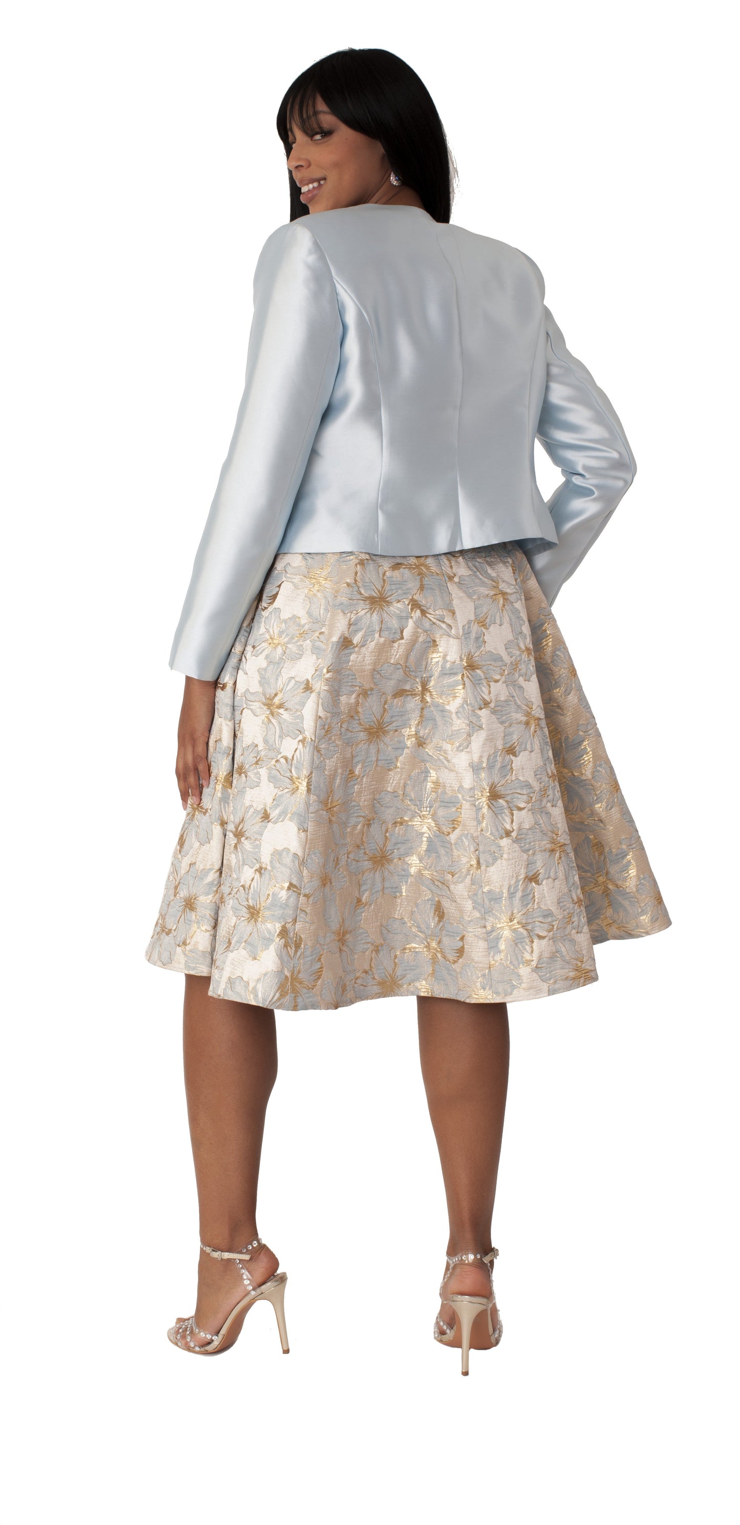 Back view of the Floral Brocade Church Dress with Jacket 4819 in blue and gold with a coordinating woven jacket and floral brocade dress by Tally Taylor.