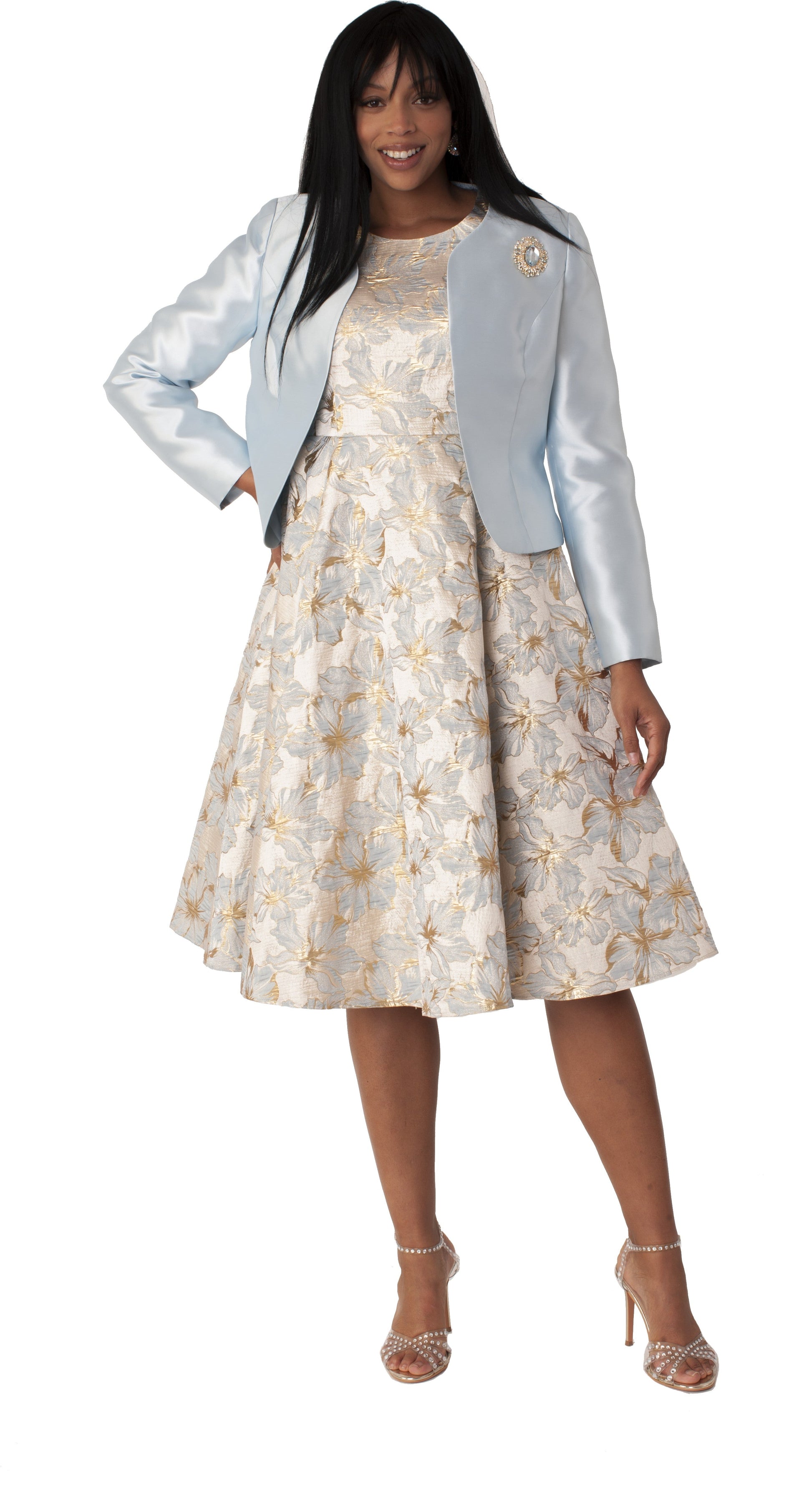 Woman wearing the Floral Brocade Church Dress with Jacket 4819 in blue and gold featuring a floral brocade dress with a coordinating woven jacket by Tally Taylor.