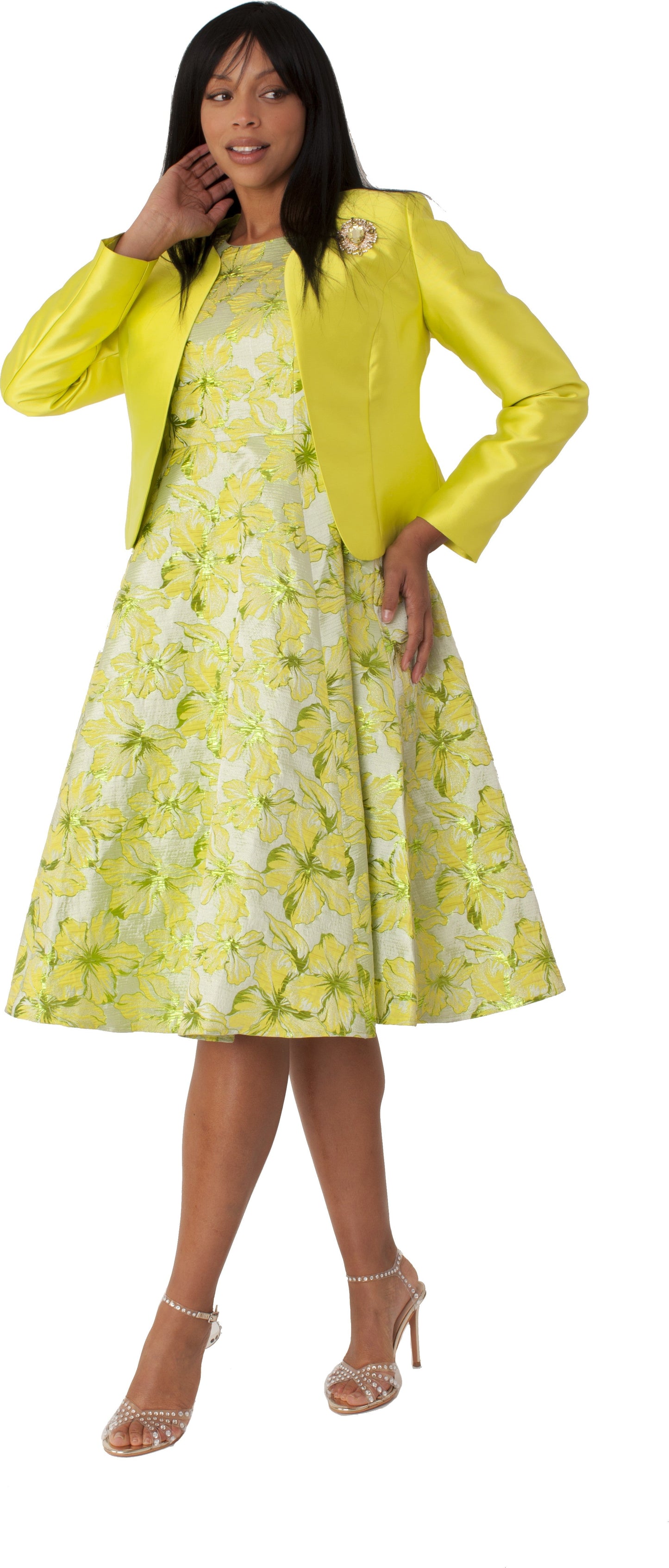 Woman wearing the Floral Brocade Church Dress with Jacket 4819 in lime featuring a sleeveless floral brocade dress with a coordinating jacket by Tally Taylor.