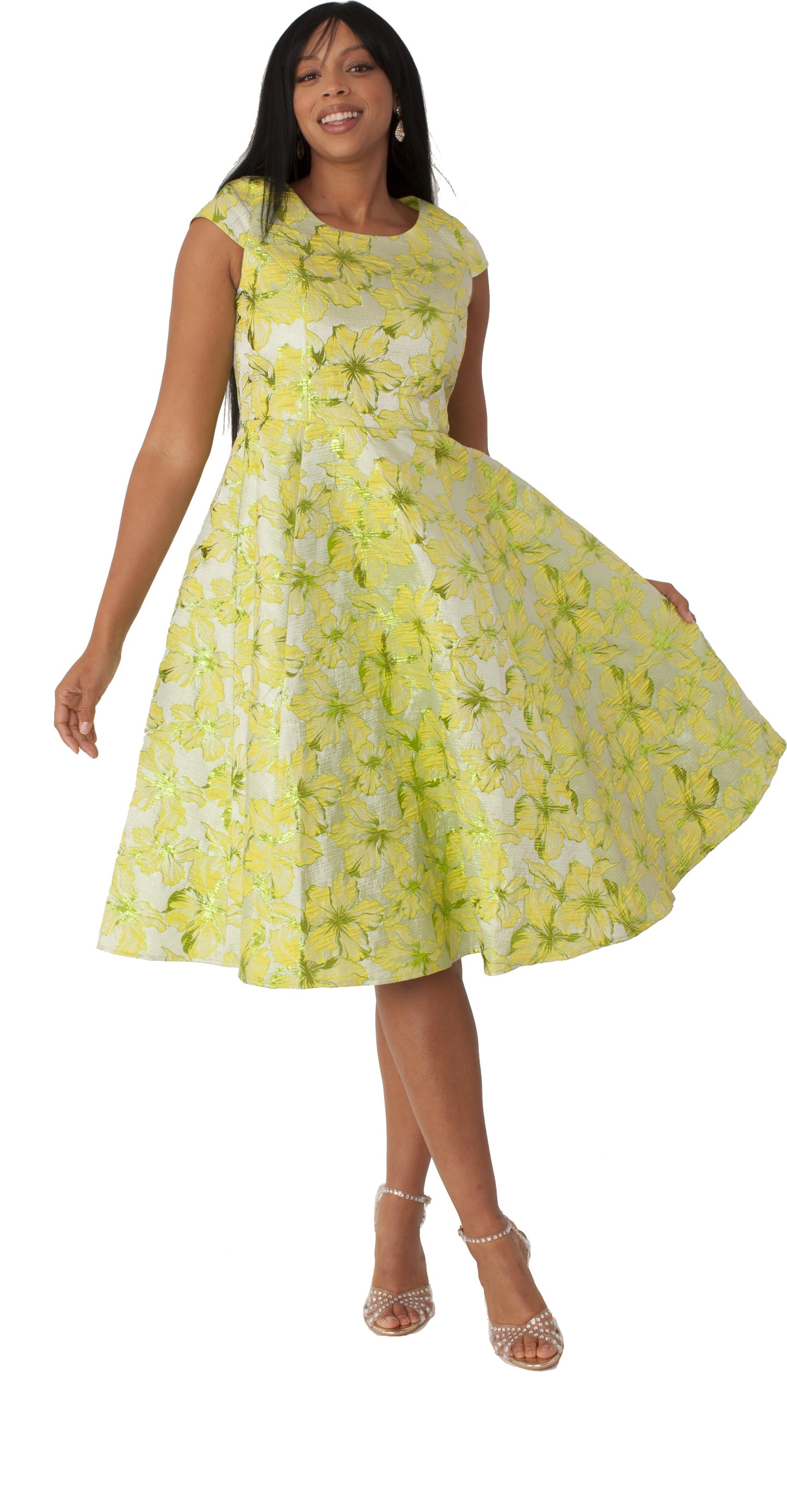 Side view of the Floral Brocade Church Dress with Jacket 4819 in lime featuring a floral brocade skirt with graceful movement by Tally Taylor.