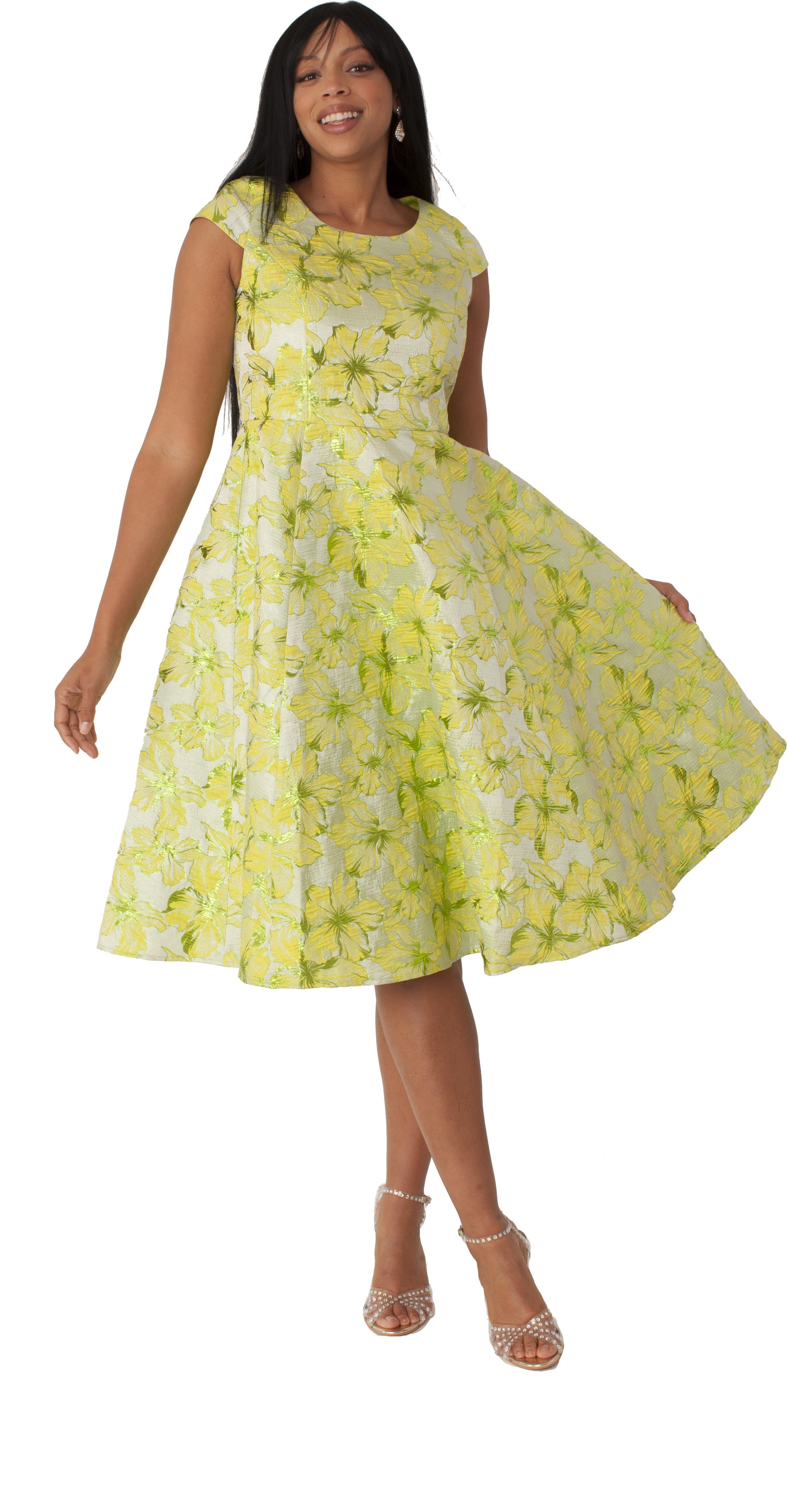 Side view of the Floral Brocade Church Dress with Jacket 4819 in lime featuring a floral brocade skirt with graceful movement by Tally Taylor.