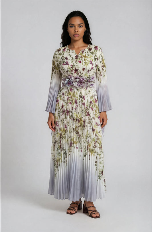 White multi floral pleated maxi dress with ombre sleeves and flowing silhouette front view – For Her NYC