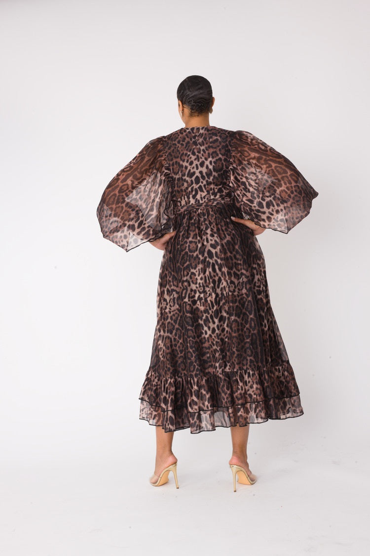 Back view of leopard-print maxi dress with billowing shape – For Her NYC