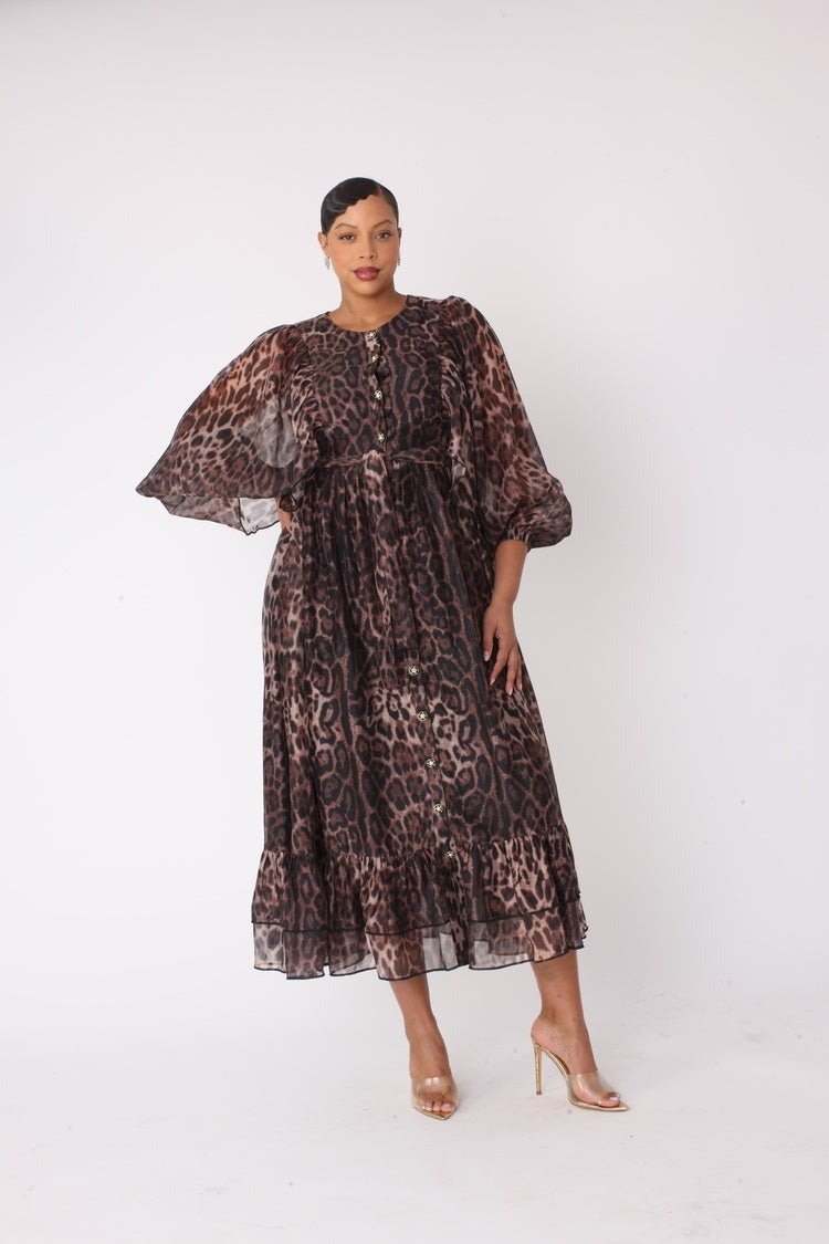Front view of flowy leopard-print maxi dress with relaxed silhouette – For Her NYC
