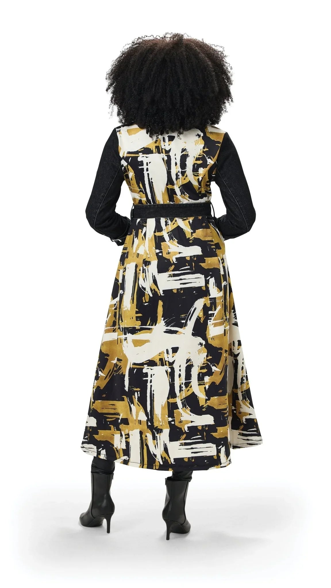 Back view of the For Her NYC Belted High-Low Jacket T5229, featuring a black, gold and white abstract print back with belted waist.