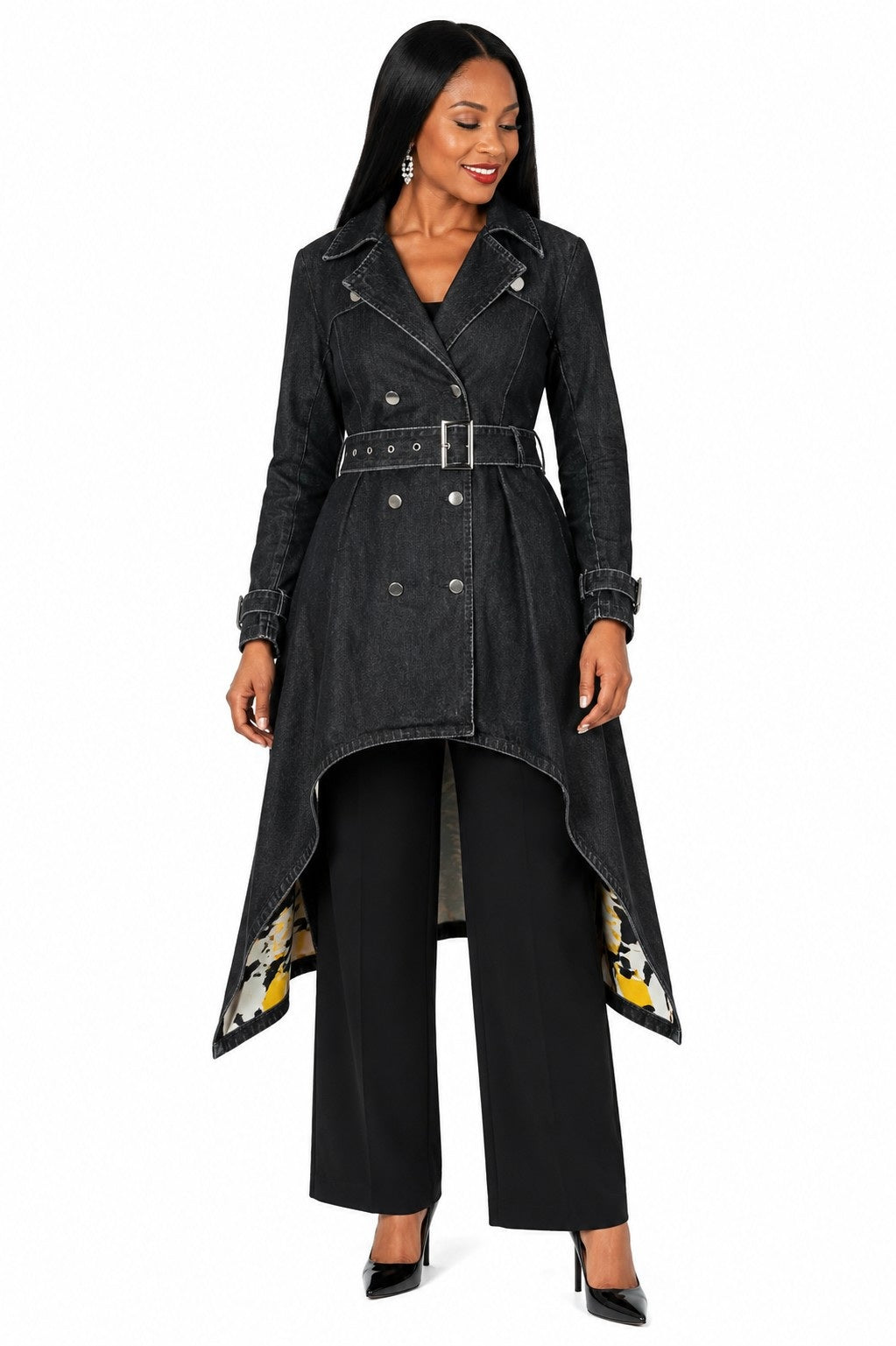Model wearing the For Her NYC Belted High-Low Jacket T5229, featuring a black denim front, belted waist and dramatic high-low silhouette.