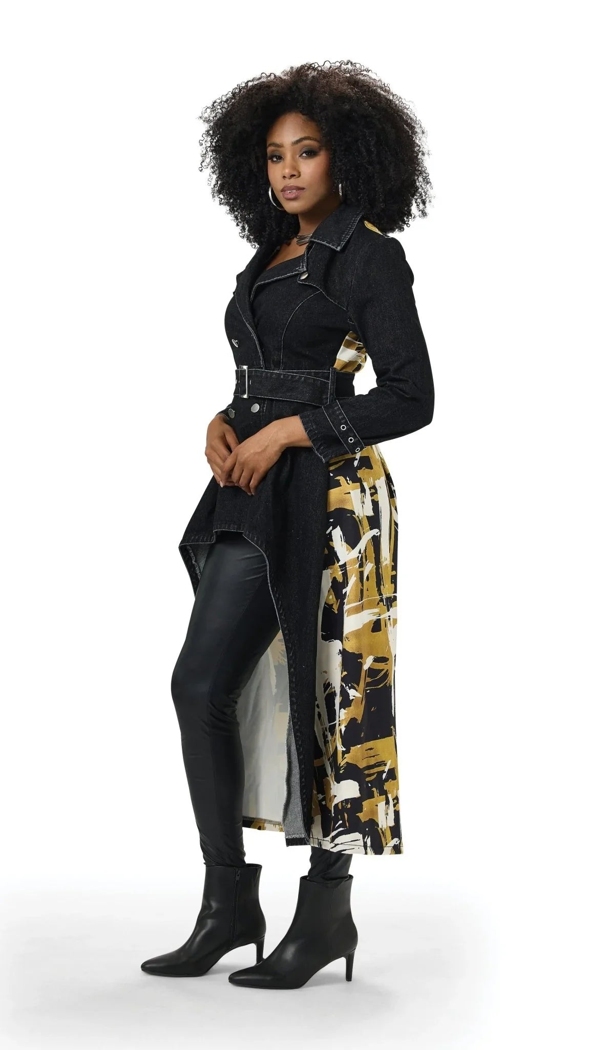 Side view of the For Her NYC Belted High-Low Jacket T5229, showing the black denim front, belted waist and abstract print high-low back.