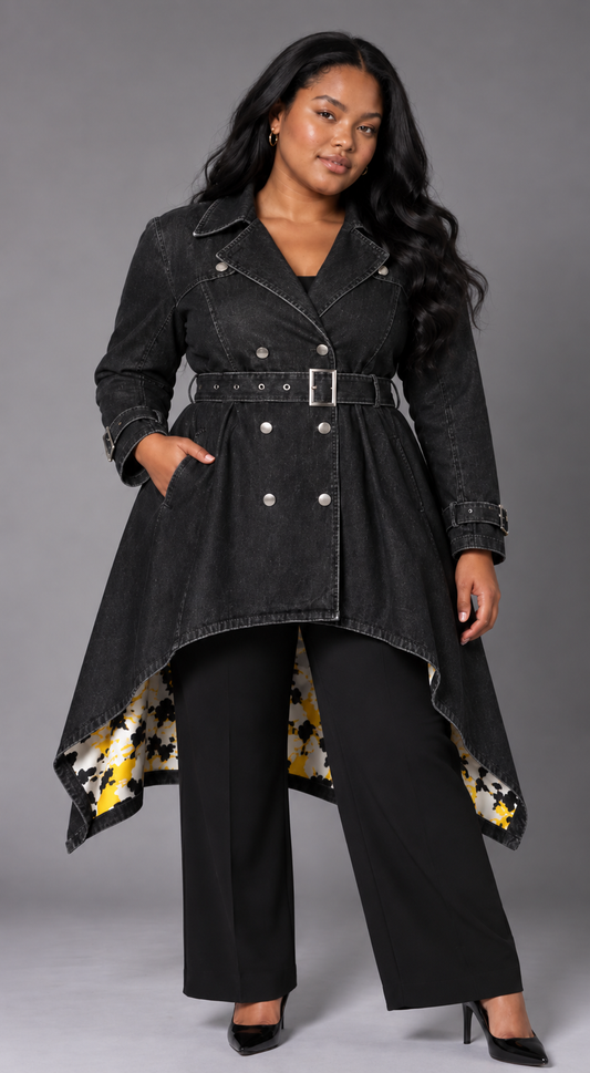 Plus size model wearing the For Her NYC Belted High-Low Jacket T5229W, featuring a black denim front, belted waist and high-low silhouette
