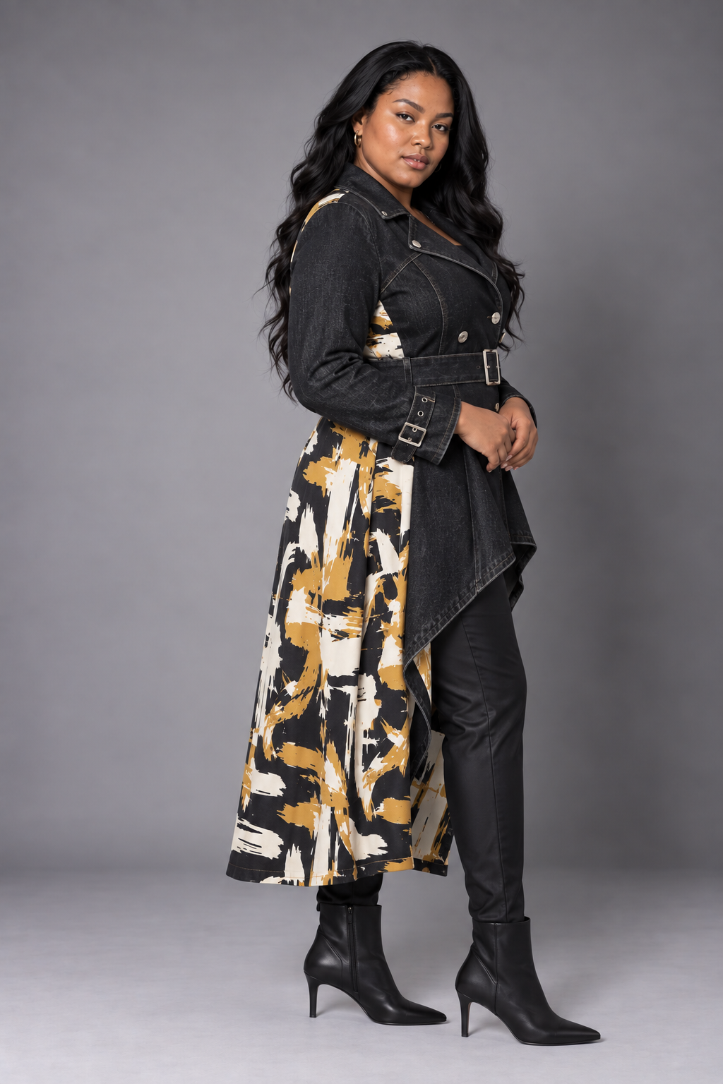 Side view of the For Her NYC Belted Plus Size High-Low Jacket T5229W, showing the black denim front, belted waist and abstract print high-low back.