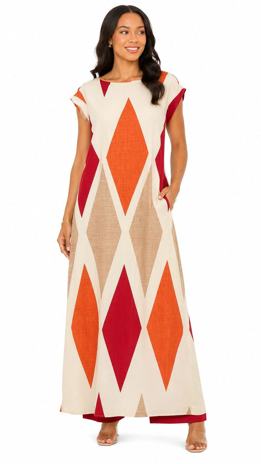 Front view of the For Her NYC Bisa Print Pantset featuring a cream, orange, red and beige geometric print tunic with coordinating pants, style S0718.