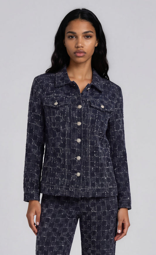 Front view of a model wearing the For Her NYC Dark Wash Textured Denim Jacket - 83380 with silver buttons and flap chest pockets
