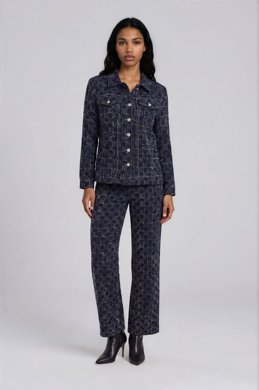 Front view of a model wearing the For Her NYC Dark Wash Textured Wide-Leg Jeans - 83381 with a matching textured denim jacket