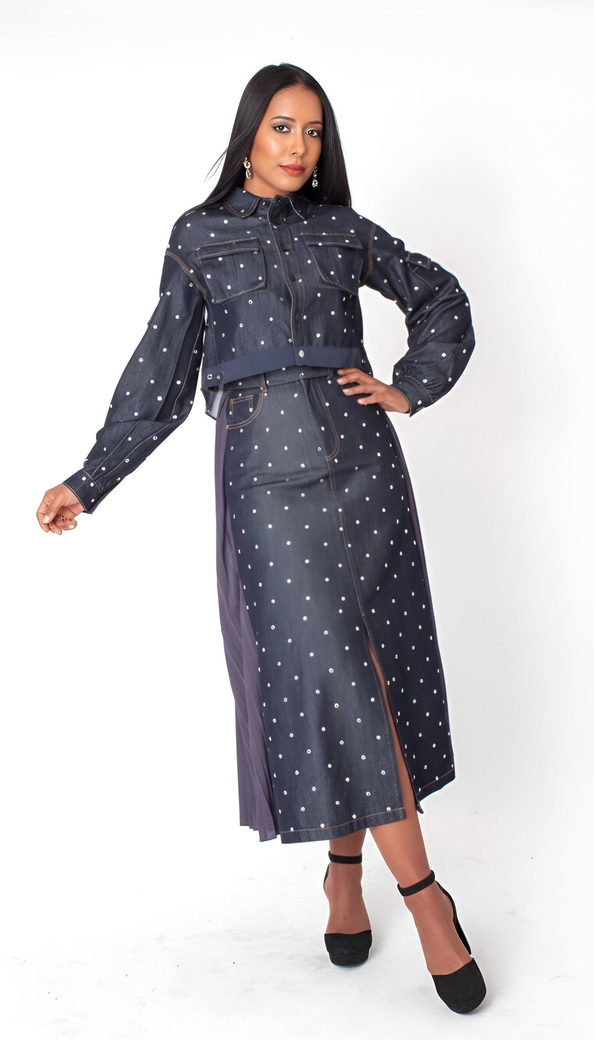 Front view of a model wearing the dark-wash For Her NYC Embellished Cropped Denim Jacket - 82962 with rhinestones, chest pockets and voluminous sleeves