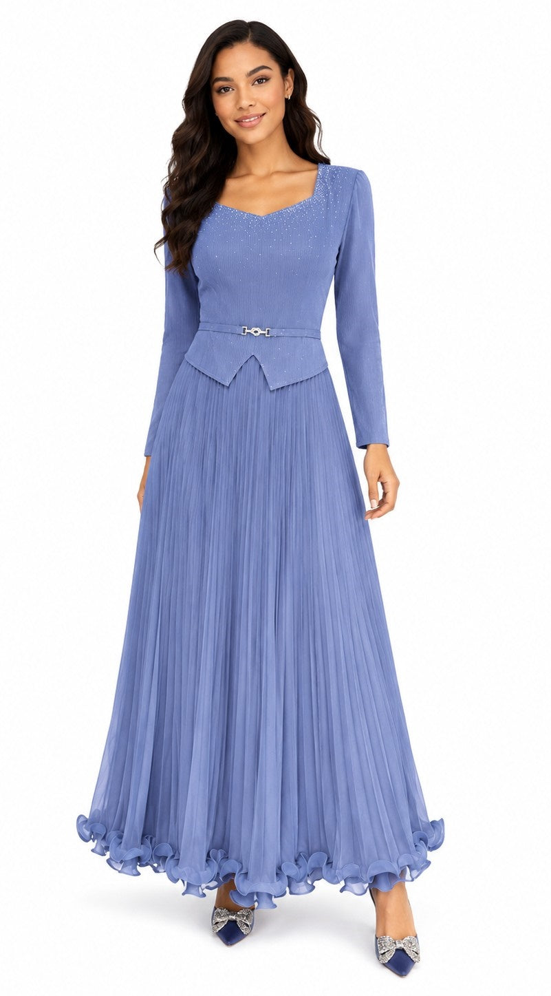 Front view of a model wearing the light blue For Her NYC Embellished Pleated Chiffon Midi Dress - 83464 with a jeweled neckline, long sleeves, belted waist, and ruffled hem