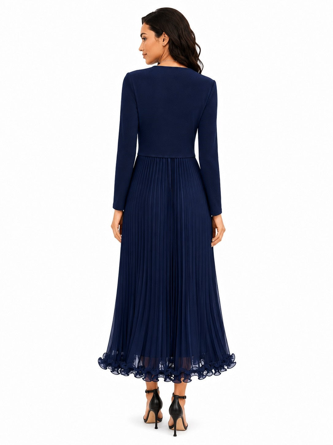 Back view of a model wearing the navy For Her NYC Embellished Pleated Chiffon Midi Dress - 83464 with long sleeves, a pleated skirt, and ruffled hem