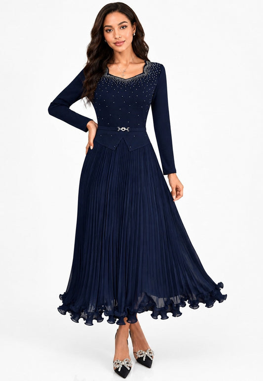 Front view of a model wearing the navy For Her NYC Embellished Pleated Chiffon Midi Dress - 83464 with a jeweled neckline, long sleeves, belted waist, and ruffled hem