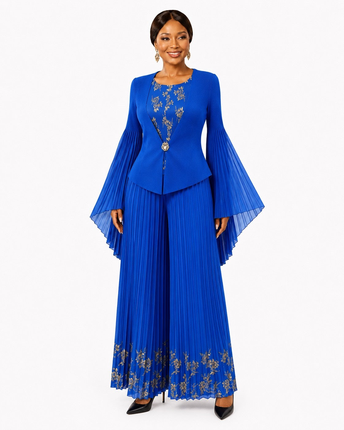Front view of a model wearing the blue For Her NYC Embellished Pleated Pant Set - 83469 with gold floral details, a fitted jacket-style top, dramatic pleated bell sleeves, and wide-leg pleated pants