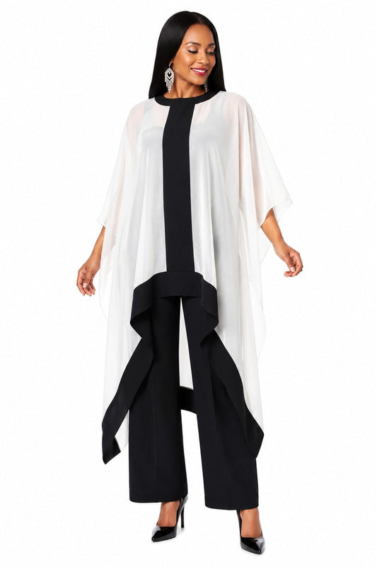 Front view of the For Her NYC Flowy High-Low Chiffon Pant Set featuring a sheer flowing overlay with contrast trim and wide-leg pants, style S0281.