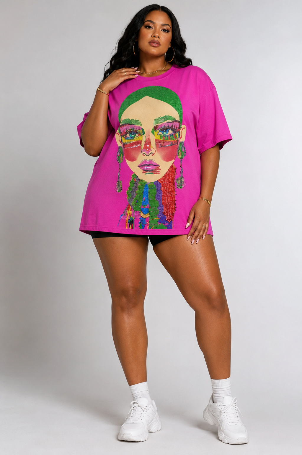 For Her NYC fuchsia multi Electric Portrait Rhinestone Tee featuring a colorful portrait graphic with sparkling rhinestone accents and a relaxed oversized fit.