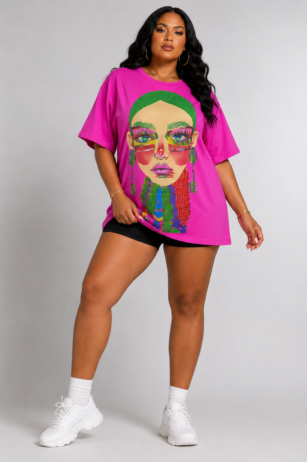 For Her NYC fuchsia multi Electric Portrait Rhinestone Tee featuring a colorful portrait graphic with sparkling rhinestone accents and a relaxed oversized fit.