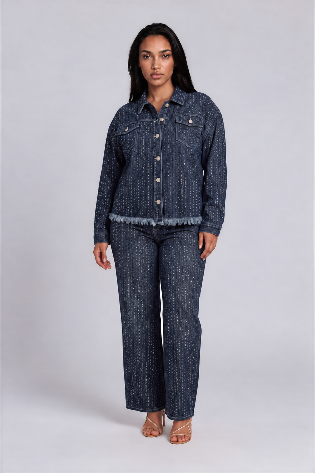 Front view of a model wearing the For Her NYC Glitter-Effect Flared Denim Pants - 82955 with an allover vertical glitter pattern