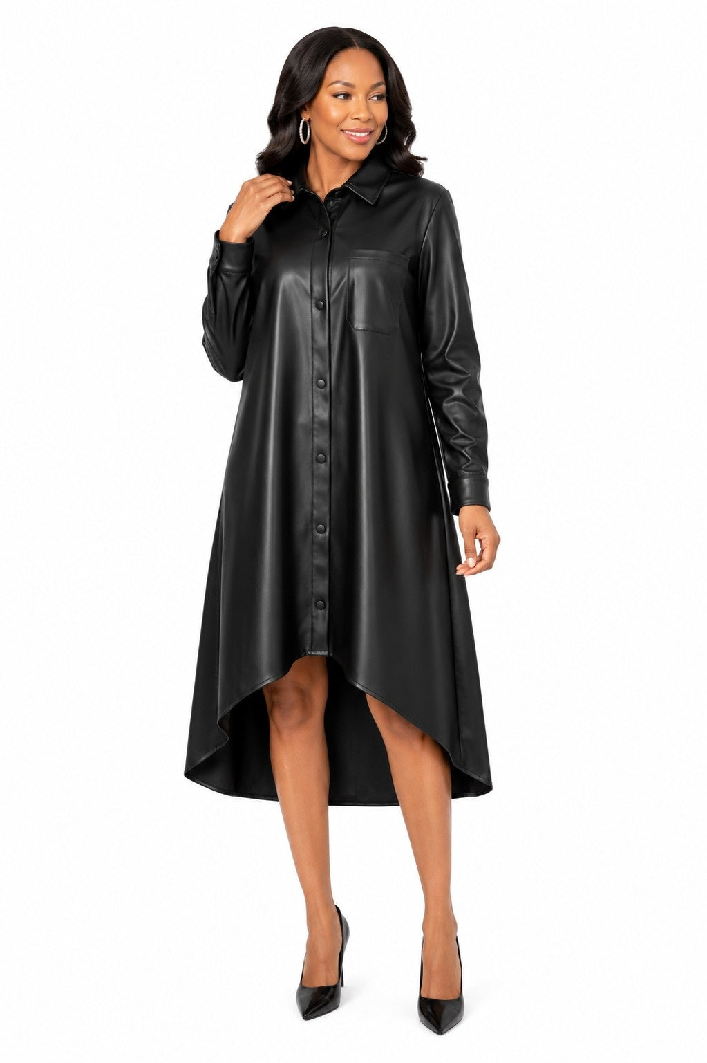 Front view of the For Her NYC High-Low Shirt Dress featuring a black button-front design with long sleeves, collared neckline and high-low hem, style S0278.