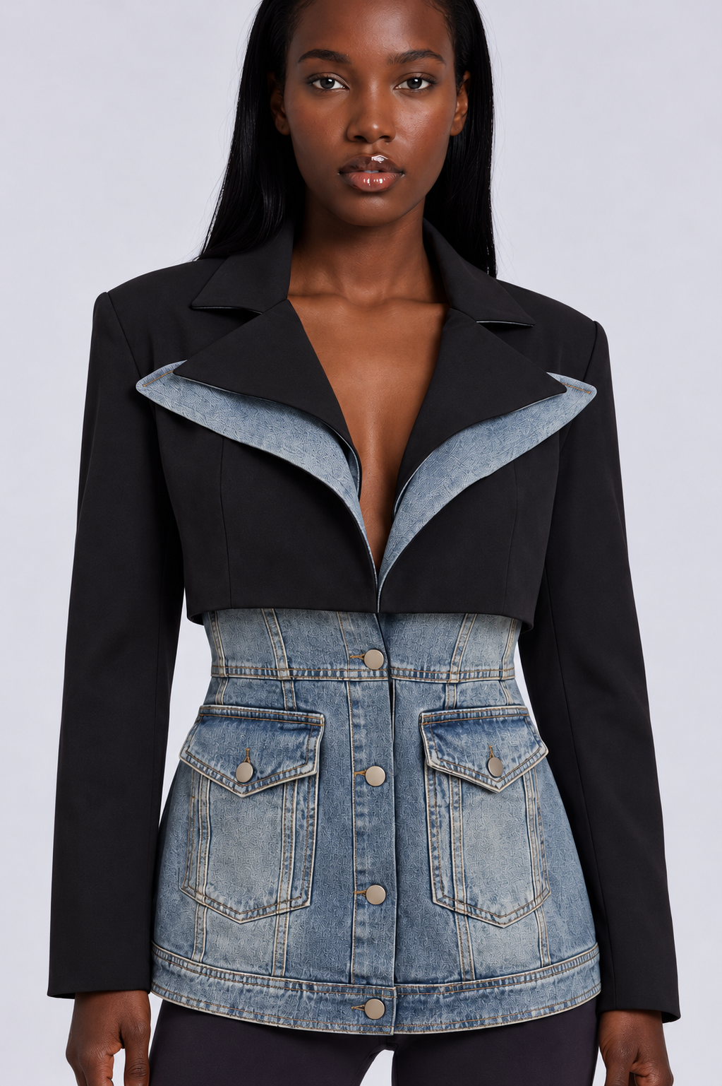 Close-up of a model wearing the For Her NYC Hybrid Blazer Denim Jacket - 82429, highlighting the contrasting black blazer and washed denim design
