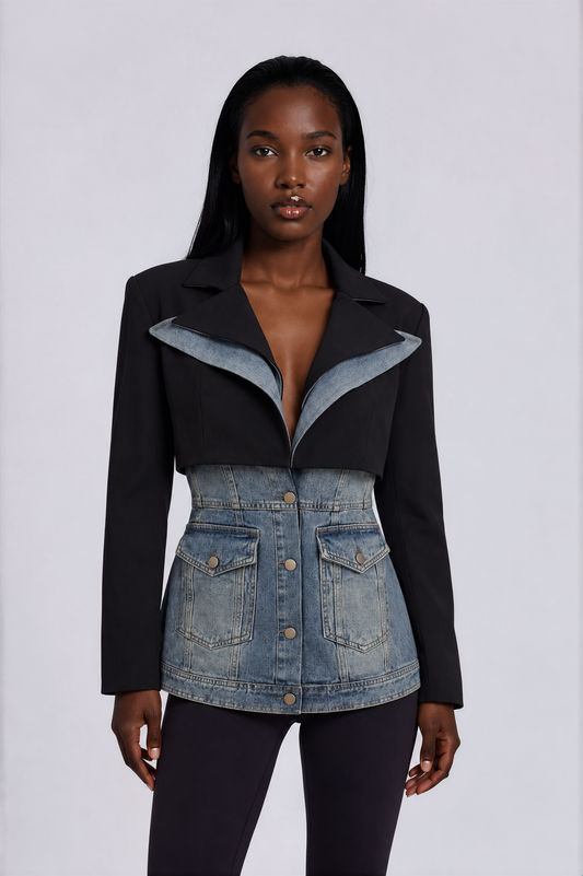 Front view of a model wearing the For Her NYC Hybrid Blazer Denim Jacket - 82429, featuring a contrasting black blazer and washed denim design