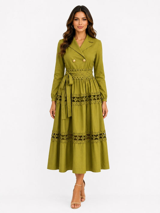 For Her NYC women's lemon green long-sleeve midi dress featuring a double-breasted blazer-style neckline, belted waist, and intricate lace trim detailing