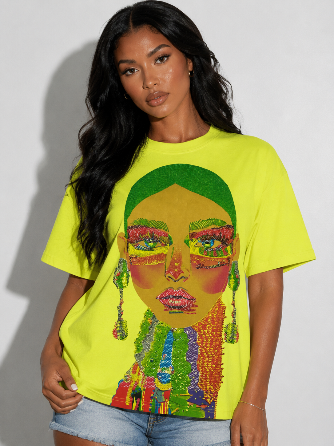 83064-lime multi Front view of model wearing an oversized yellow multi graphic face print T-shirt, For Her NYC