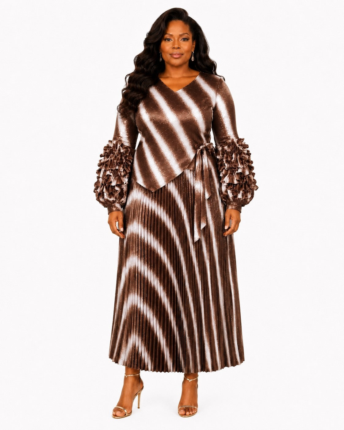 Front view of a plus-size model wearing the brown and white For Her NYC Ombre Stripe Pleated Midi Dress - 83468 with a V-neckline, wrap-style tie waist, ruffled statement sleeves, and pleated skirt
