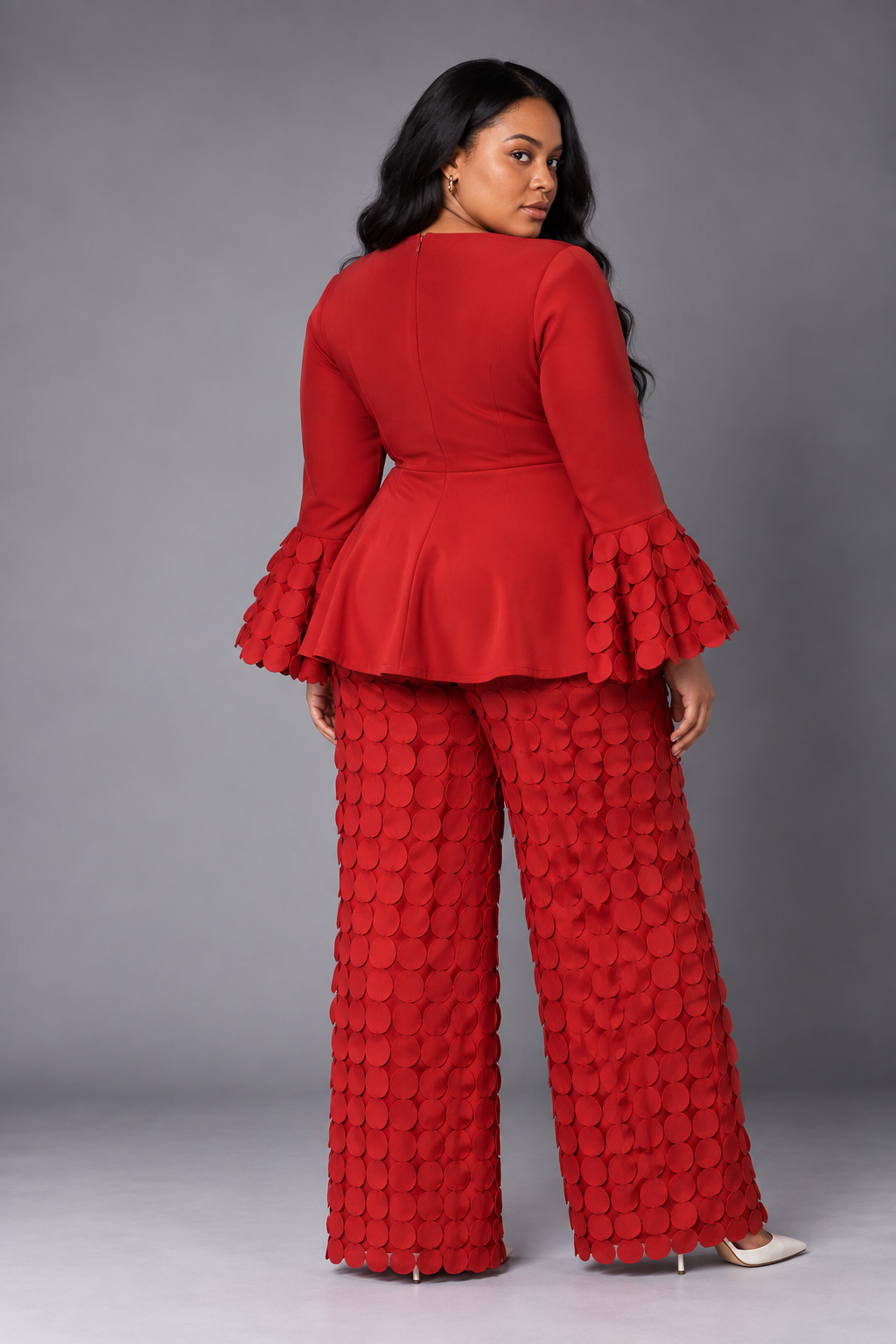 Back view of For Her NYC plus size red circle lace peplum top and pants set with statement bell sleeves, style U0561W
