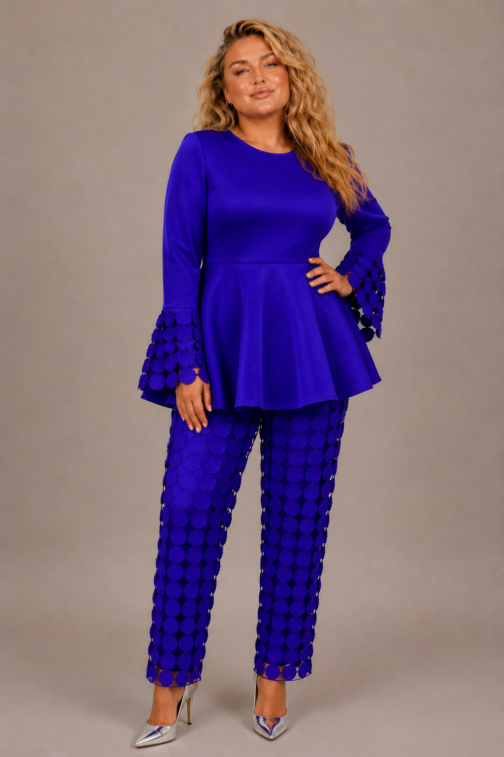 For Her NYC plus size cobalt circle lace peplum top and pants set with statement bell sleeves, style U0561W