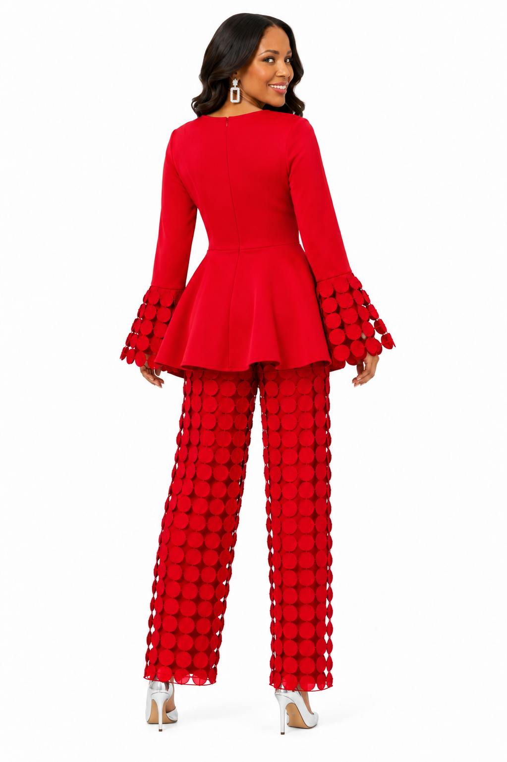 Back view of model wearing For Her NYC red circle lace peplum top and pants set with statement bell sleeves, style U0561