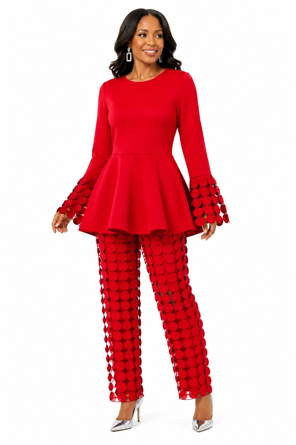 For Her NYC red circle lace peplum top and pants set with statement bell sleeves, style U0561
