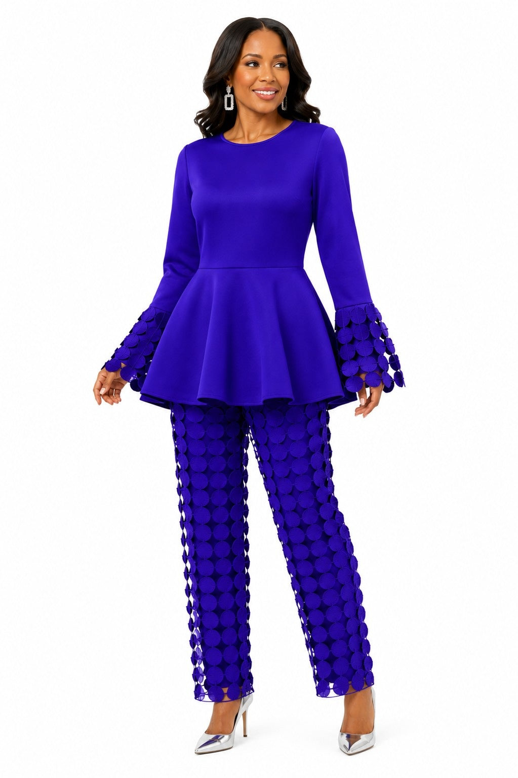 For Her NYC cobalt circle lace peplum top and pants set with statement bell sleeves, style U0561