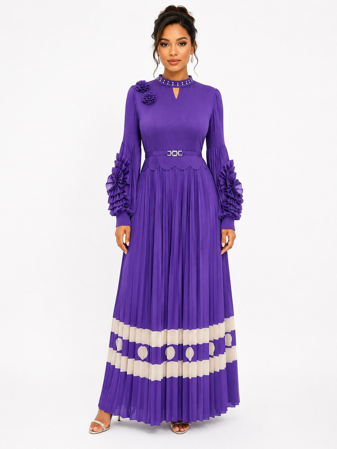 Front view of a model wearing the purple For Her NYC Statement Sleeve Midi Dress - 83467 with floral ruffle sleeves, an embellished keyhole neckline, belted waist, and pleated skirt with cream geometric trim