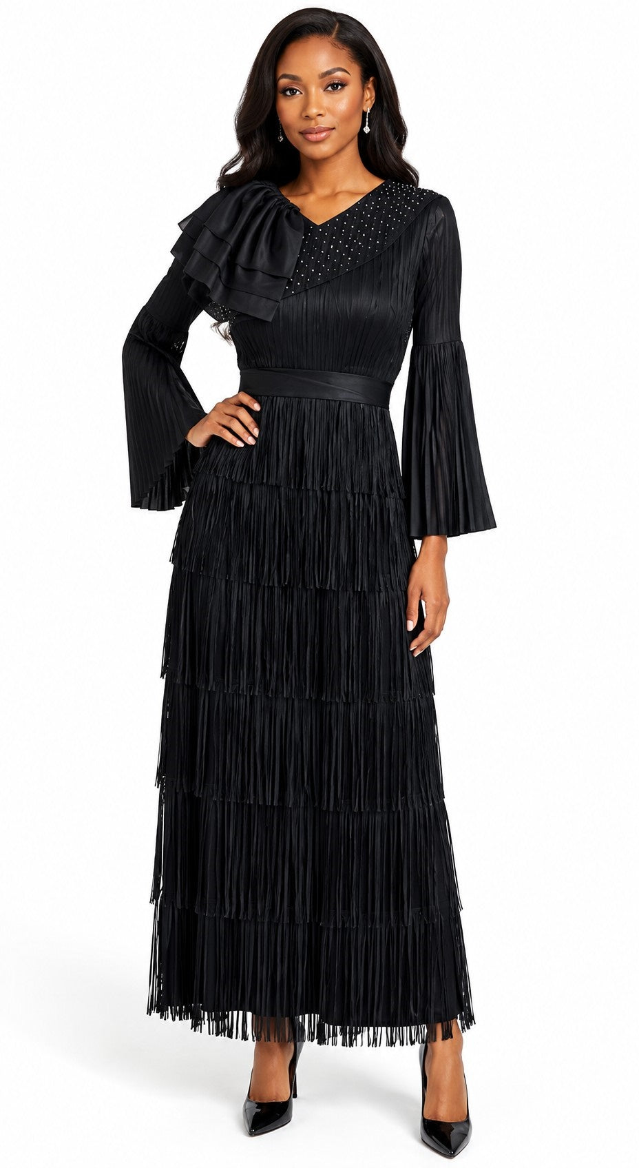 Front view of a model wearing the black For Her NYC Tiered Pleated Maxi Dress with Ruffle Shoulder - 83466, featuring long bell sleeves, neckline embellishments, and layered pleated tiers