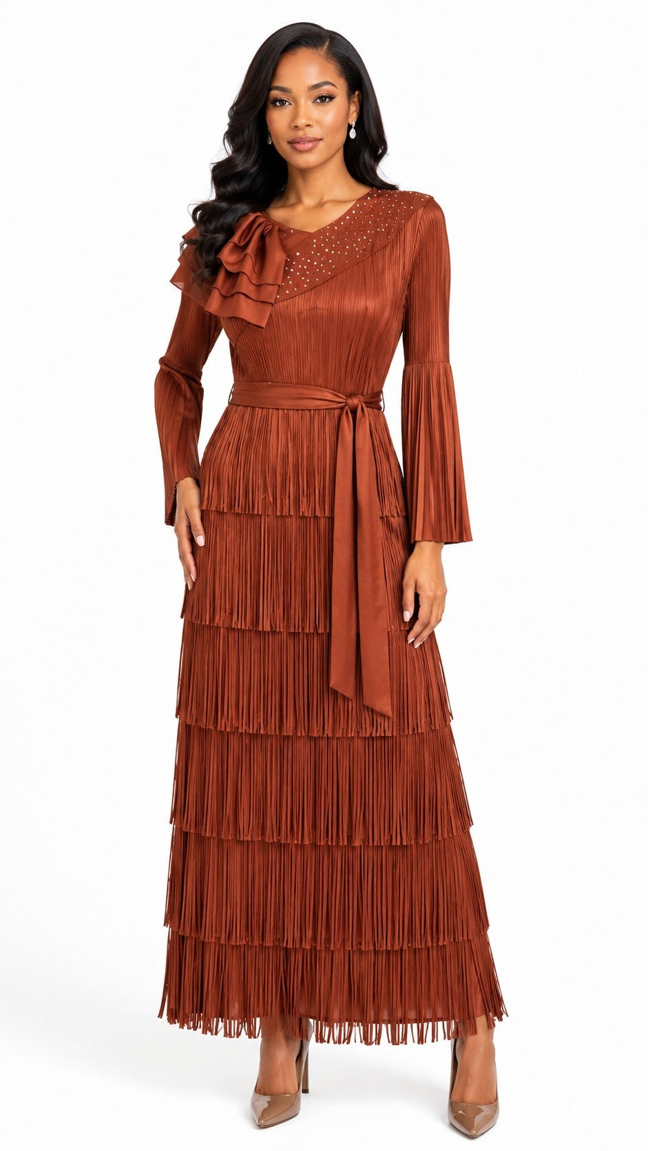 Front view of a model wearing the brown For Her NYC Tiered Pleated Maxi Dress with Ruffle Shoulder - 83466, featuring long bell sleeves, neckline embellishments, a tie waist, and layered pleated tiers