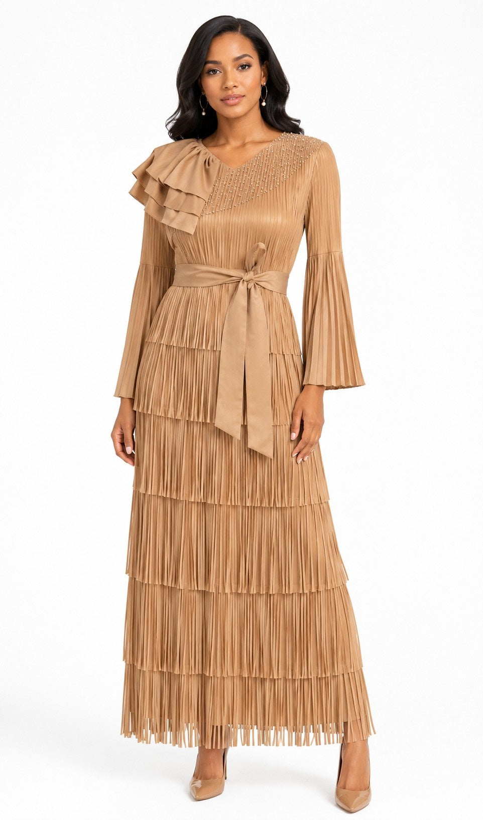 Front view of a model wearing the khaki For Her NYC Tiered Pleated Maxi Dress with Ruffle Shoulder - 83466, featuring long bell sleeves, neckline embellishments, a tie waist, and layered pleated tiers