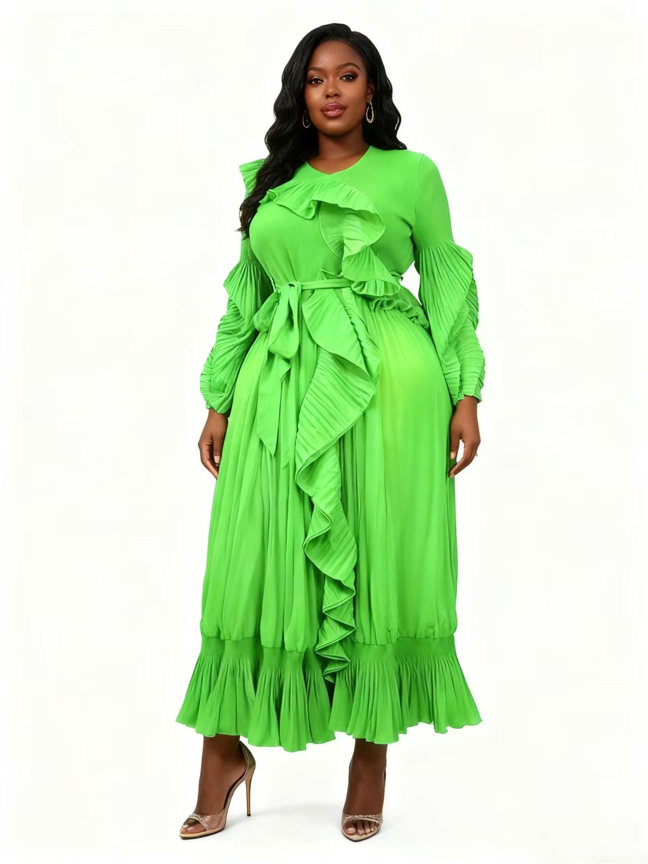 Green Forest Ruffle Pleated Midi Dress with long sleeves, ruffle detailing, waist tie, and pleated midi skirt, front view – For Her NYC