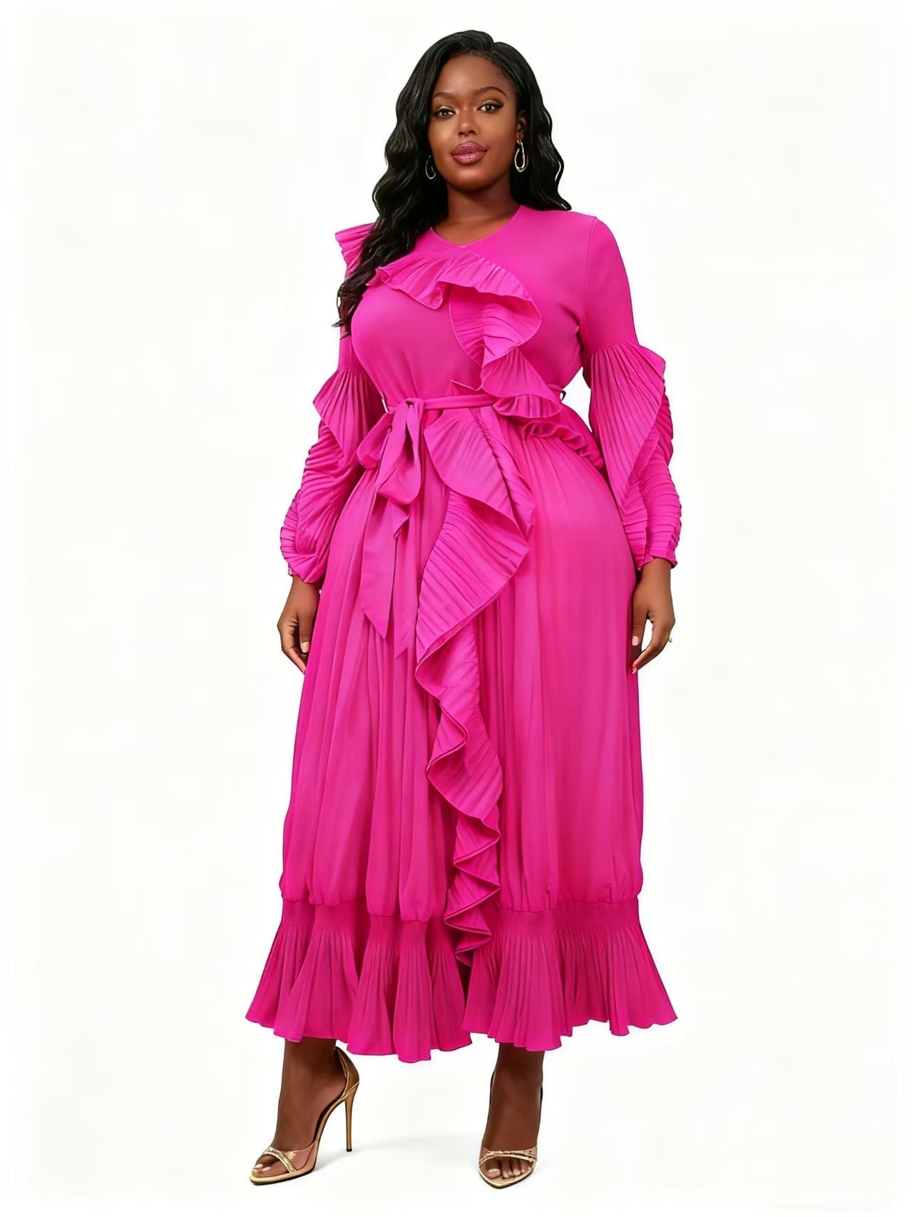 Raspberry Forest Ruffle Pleated Midi Dress with long sleeves, ruffle detailing, waist tie, and pleated midi skirt, front view – For Her NYC