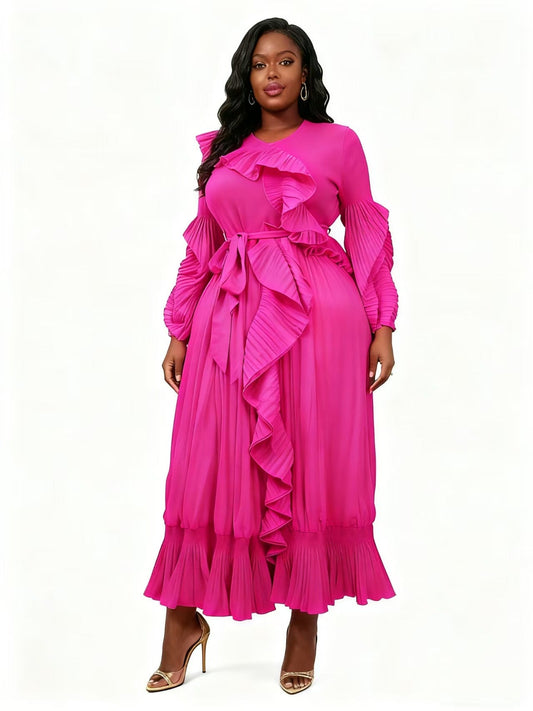 Raspberry Forest Ruffle Pleated Midi Dress with long sleeves, ruffle detailing, waist tie, and pleated midi skirt, front view – For Her NYC