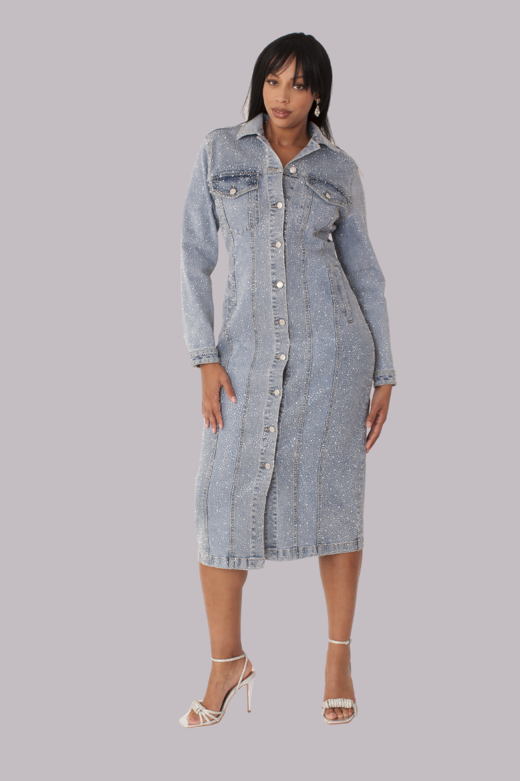Model wearing rhinestone denim midi dress with button-down front and tailored fit by For Her NYC.
