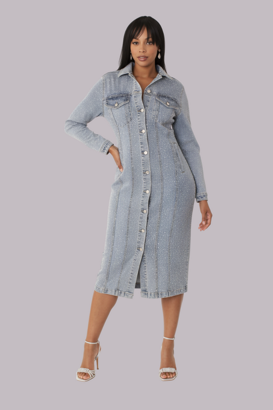 Model wearing rhinestone denim midi dress with button-down front and tailored fit by For Her NYC.