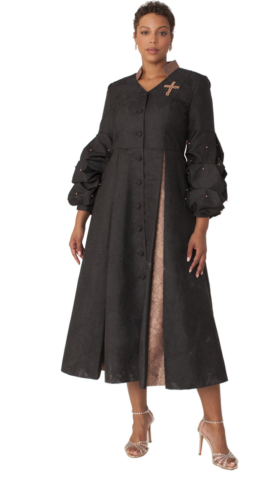 Black formal dress robe with dramatic puff sleeves and pearl cross accent, front view showcasing elegant silhouette and gold-tone details by Tally Taylor