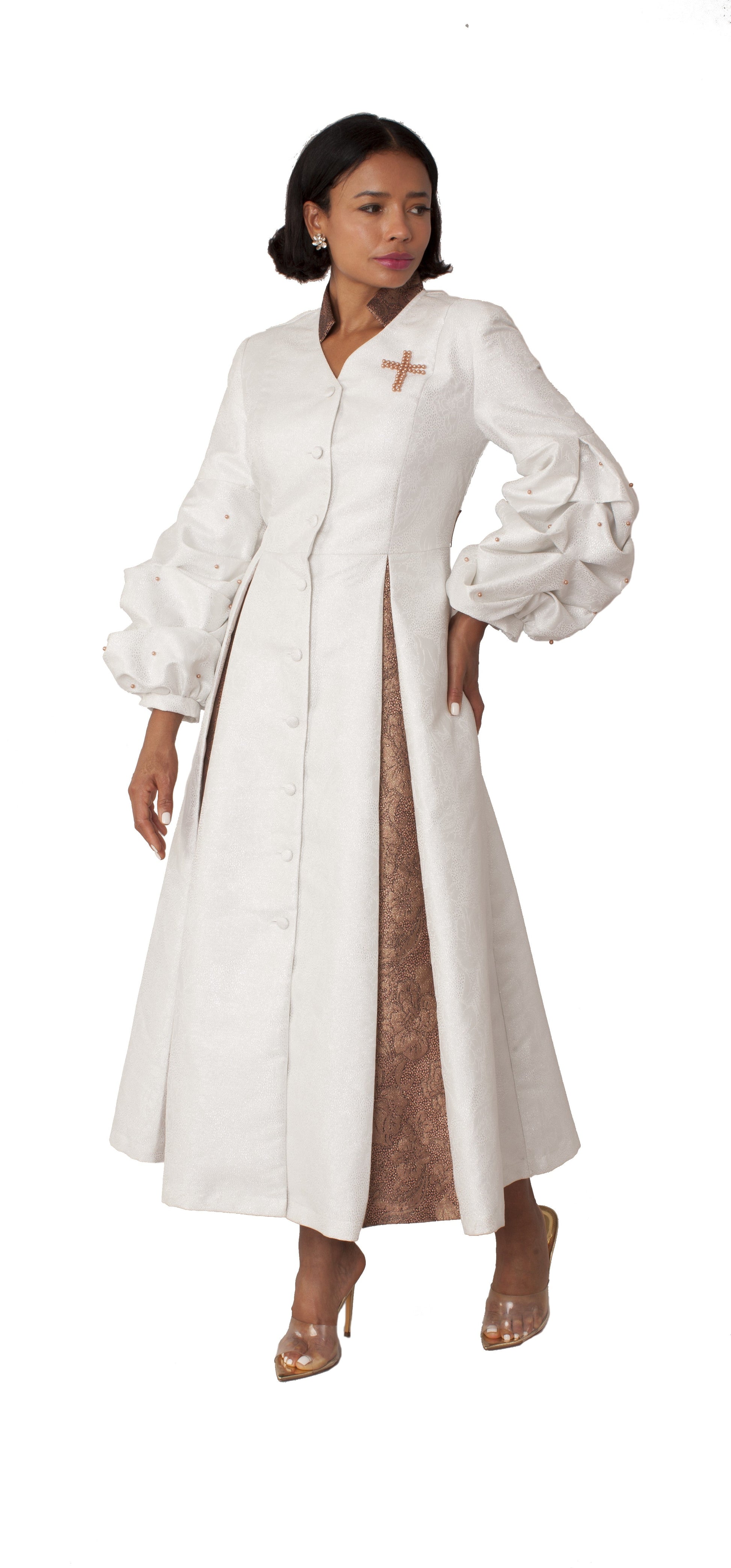 White formal dress robe with dramatic puff sleeves and pearl cross accent, front view featuring gold-tone inner panel and refined tailoring by Tally Taylor